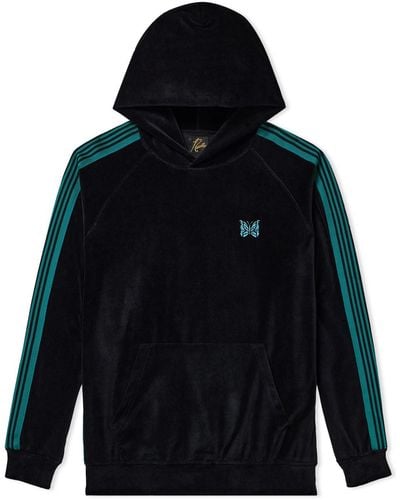Needles Webbing-trimmed Logo-embroidered Cotton-blend Velour Hoodie - Blue