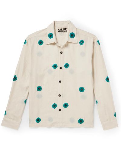 Kartik Research Camp-collar Embellished Embroidered Cotton-jacquard Shirt - Natural