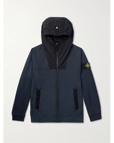 Stone Island Shell-trimmed Cotton-jersey Zip-up Hoodie - Blue