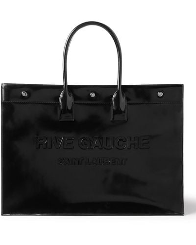 Saint Laurent Rive Gauche Logo-embossed Glossed-leather Tote Bag - Black