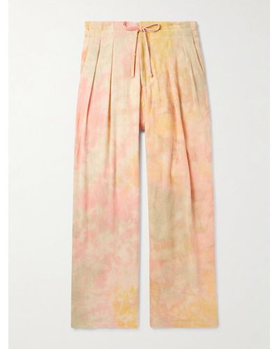 Monitaly Wide-leg Pleated Tie-dyed Cotton-gauze Drawstring Trousers - Natural