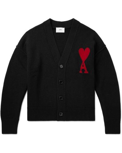 Ami Paris Logo-intarsia Merino Wool Cardigan - Black