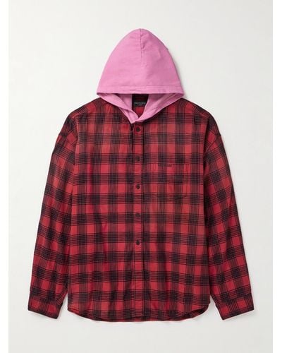 Balenciaga Checked Jersey-trimmed Cotton-flannel Hooded Shirt - Red