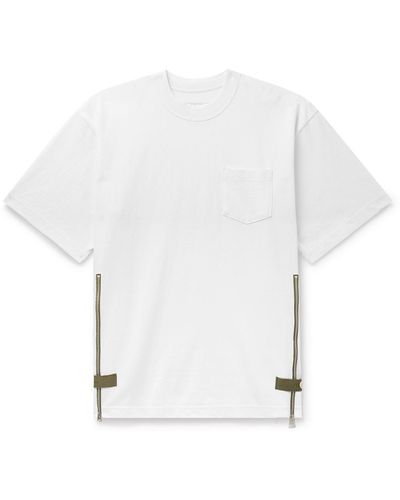 Sacai Grosgrain-trimmed Button And Zip-detailed Cotton-jersey T-shirt - White