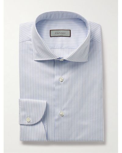 Canali Schmal geschnittenes Hemd aus gestreiftem Baumwoll-Twill mit Cutaway-Kragen - Blau