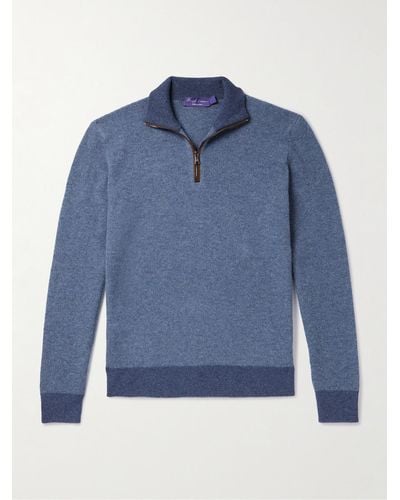 Ralph Lauren Purple Label Pullover in cashmere con finiture in camoscio e mezza zip - Blu