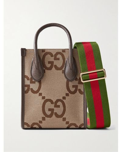 Gucci Mini Full-grain Leather-trimmed Monogrammed Canvas Tote Bag - Brown