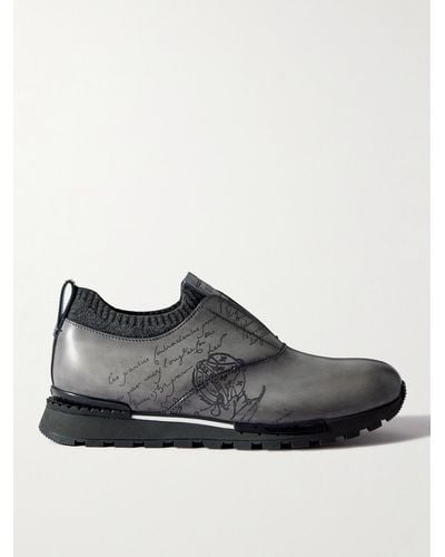 Berluti Scritto Cashmere-trimmed Venezia Leather Slip-on Trainers - Black