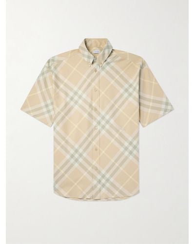Burberry Button-down Collar Logo-embroidered Checked Cotton-twill Shirt - Natural