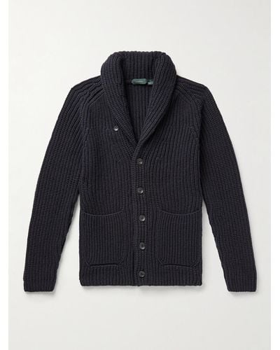 Incotex Cardigan slim-fit in lana a costine con collo a scialle - Blu