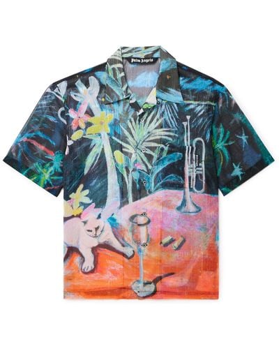 Palm Angels Oil On Canvas Convertible-collar Printed Metallic Voile Shirt - Blue