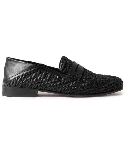 Manolo Blahnik Padstow Collapsible-heel Leather-trimmed Raffia Loafers - Black