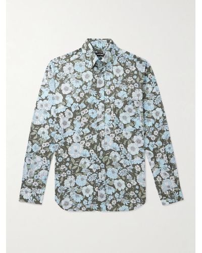 Tom Ford Button-down Collar Floral-print Lyocell Shirt - Blue