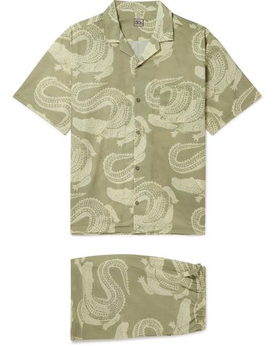 Desmond & Dempsey Camp-collar Printed Cotton Pajama Set - Green