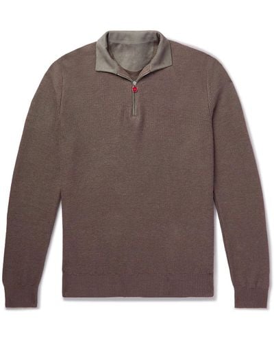 Kiton Suede-trimmed Honeycomb-knit Linen And Cashmere-blend Half-zip Sweater - Brown