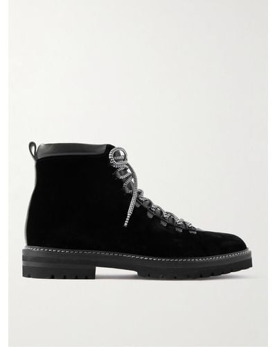 Manolo Blahnik Calaurio Leather-trimmed Velvet Lace-up Boots - Black