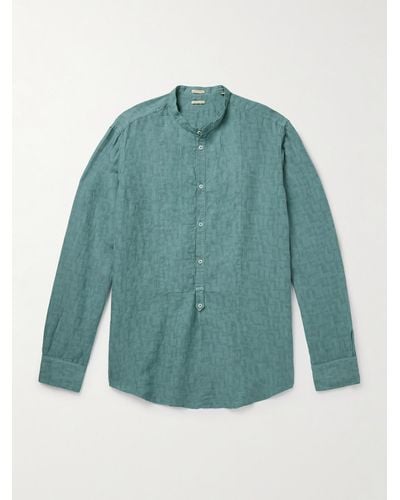 Massimo Alba Kos Hemd aus einer Leinen-Baumwollmischung mit Stehkragen und kurzer Knopfleiste - Blau
