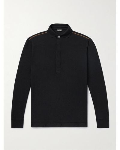Zegna Pullover aus Baumwoll-Piqué mit Lederbesatz und Polokragen - Schwarz