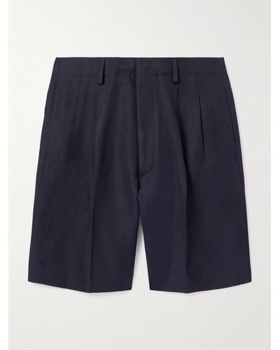 Loro Piana Joetsu Straight-leg Pleated Cotton And Linen-blend Twill Bermuda Shorts - Blue