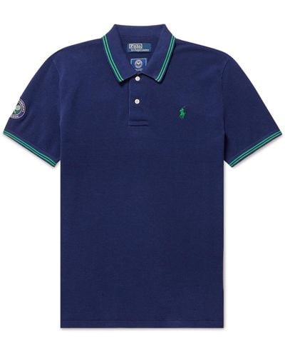 Polo Ralph Lauren Wimbledon Logo-embroidered Appliquéd Cotton-piqué Polo Shirt - Blue