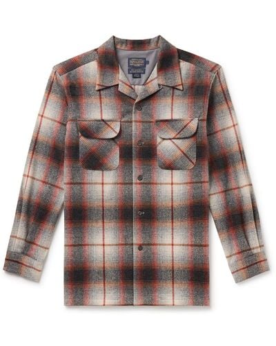 Pendleton Board Convertible-collar Checked Virgin Wool Shirt - Brown