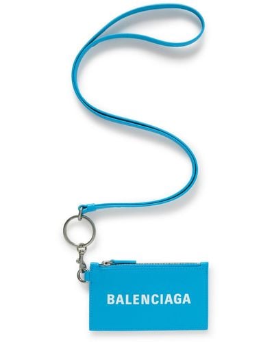 Balenciaga Logo-print Full-grain Leather Zipped Cardholder With Lanyard - Blue
