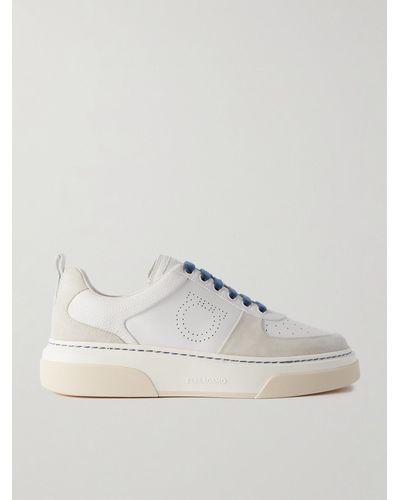 Ferragamo Suede-trimmed Perforated Leather Trainers - White