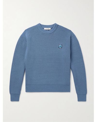 Maison Kitsuné Pullover aus einer Baumwollmischung in Rippstrick mit Logoapplikation - Blau