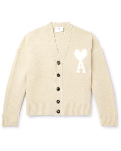 Ami Paris Logo-jacquard Alpaca-blend Cardigan - Natural