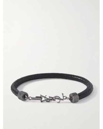 Saint Laurent Logo-embellished Textured-leather And Silver-tone Bracelet - Black