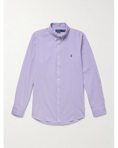 Polo Ralph Lauren Slim-fit Button-down Collar Logo-embroidered Striped Cotton-blend Poplin Shirt - Purple
