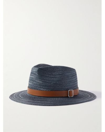 Loro Piana Avea Leather-trimmed Straw Panama Hat - Blue