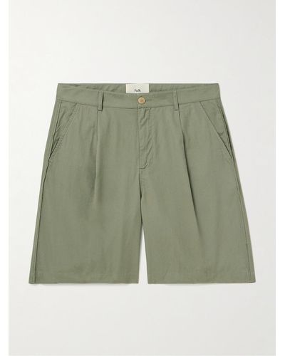 Folk Shorts a gamba larga in twill di cotone tinti in capo con pinces - Verde