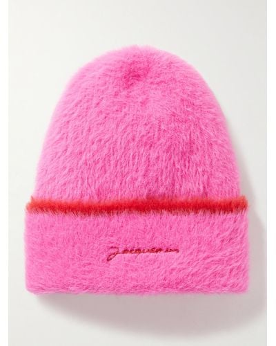 Jacquemus Neve Logo-embroidered Brushed-knit Beanie - Pink