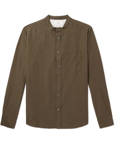 MR P. Grandad-collar Organic Cotton And Linen-blend Seersucker Shirt - Green