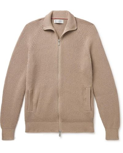 Brunello Cucinelli Ribbed Cotton Zip-up Sweater - Natural