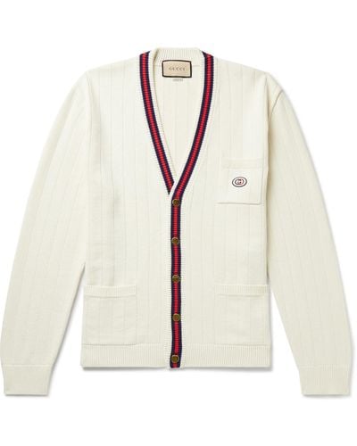 Gucci Knit Cotton V-neck Cardigan With Web - Natural