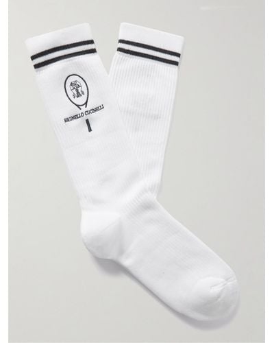 Brunello Cucinelli Socken aus einer gerippten Baumwollmischung mit Logostickerei und Streifen - Weiß