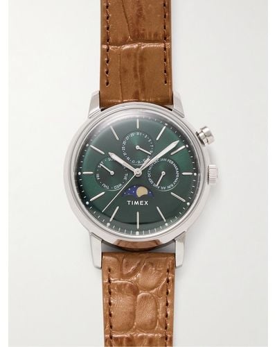 Timex Marlin® Moon Phase 40 mm Uhr aus Edelstahl mit Armband aus Leder in Krokodiloptik - Grau