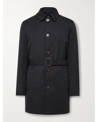 Canali Leather-trimmed Belted Padded Twill Trench Coat - Blue