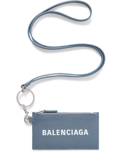 Balenciaga Logo-print Full-grain Leather Cardholder With Lanyard - Gray