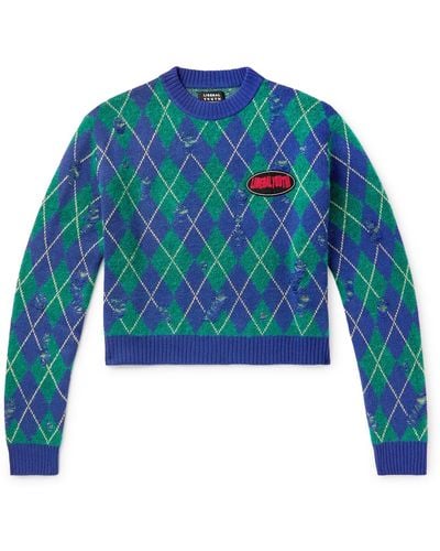 Liberal Youth Ministry Logo-appliquéd Checked Wool-blend Sweater - Blue