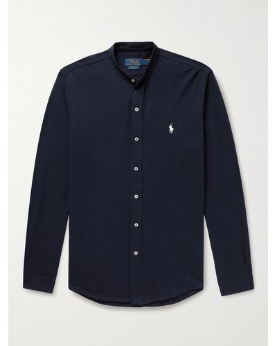 Polo Ralph Lauren Grandad-Collar Logo-Embroidered Cotton-Piqué Shirt - Blu