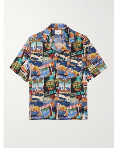 Rhude Postcard Hemd aus bedrucktem Seiden-Twill mit Reverskragen - Blau