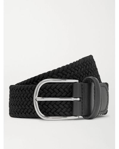 Anderson's 3.5cm Leather-trimmed Woven Elastic Belt - Black