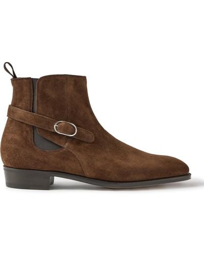 John Lobb Masons Buckled Suede Chelsea Boots - Brown