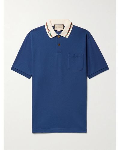 Gucci Logo-embroidered Cotton-blend Piqué Polo Shirt - Blue