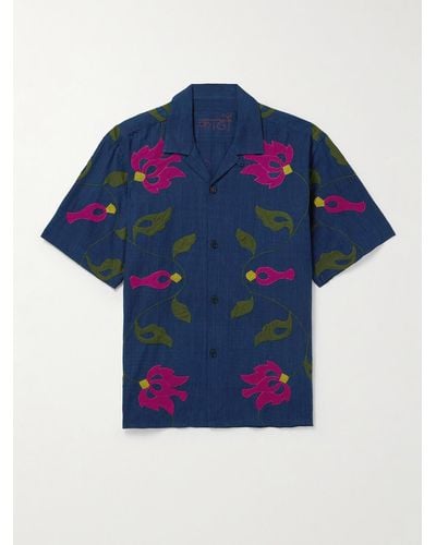 Kardo Convertible-collar Appliquéd Embroidered Cotton Shirt - Blue