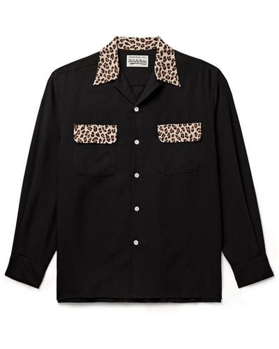 Wacko Maria Convertible-collar Leopard Print-trimmed Tm Lyocell Shirt - Black