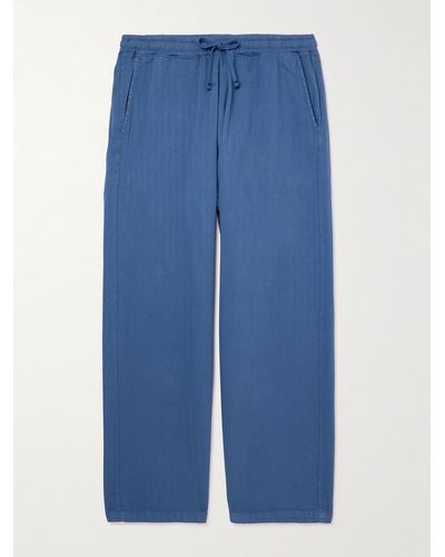 Universal Works Cropped Tapered Herringbone Cotton Drawstring Pants - Blue